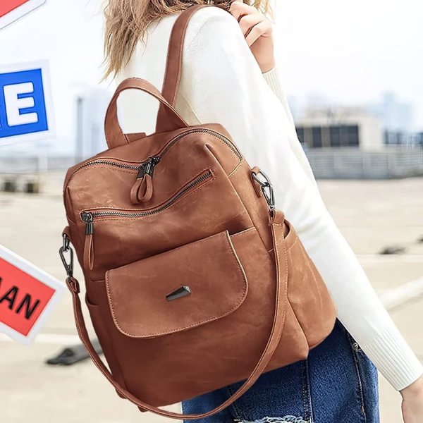 Leather Backpack Purse for Women Fashion Multipurpose Design Handbag Ladies Shoulder Bags Travel Backpack Brown